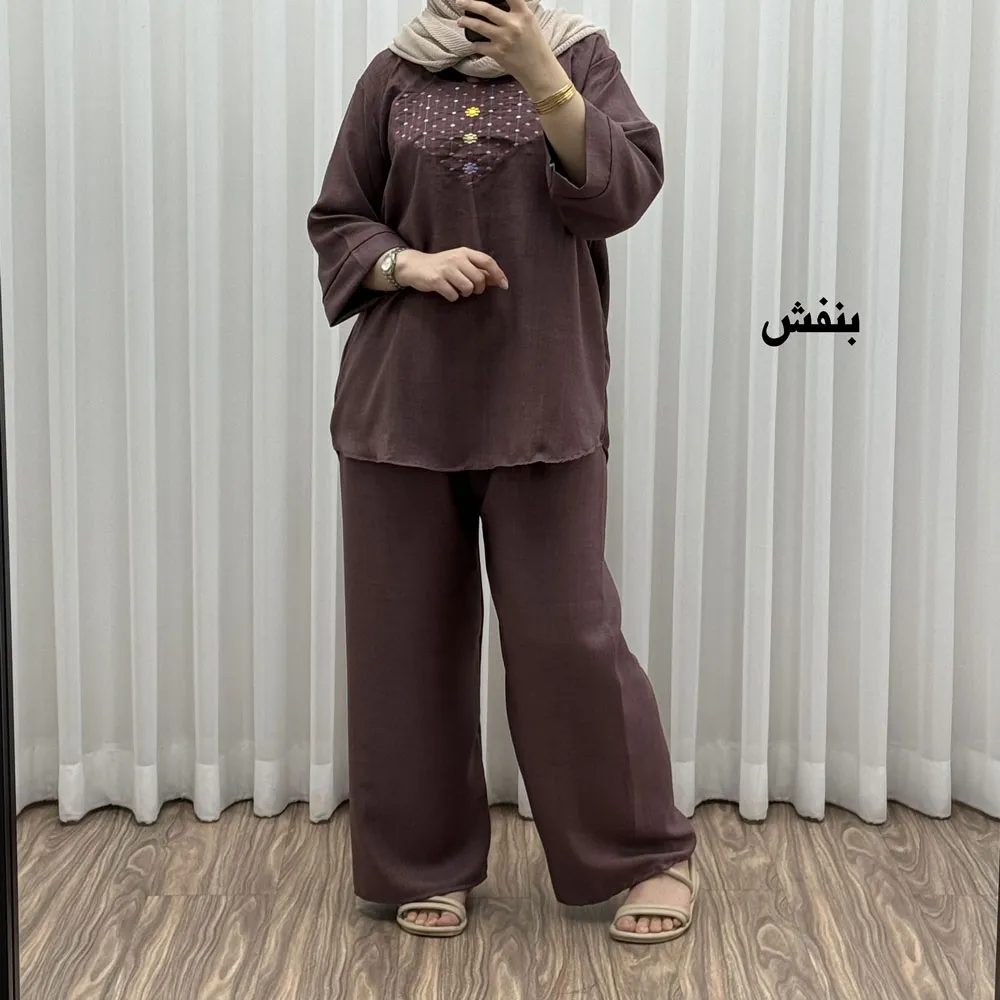 ست بلوز شلوار گلدوزی آلنا فری سایز تا 50 جنس صوفیا چهارفصل شیک راحت بدون آبرفت و رنگ رفت