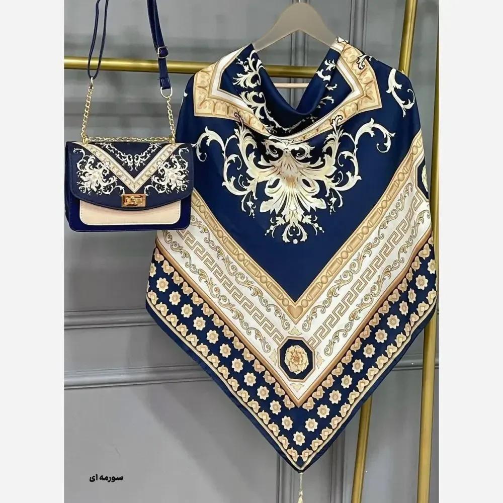 ست کیف و روسری مخمل و چرم صنعتی سورنا رنگ سرمهای و مشکی سفید