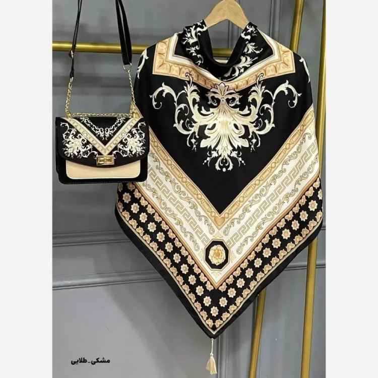 ست کیف و روسری مخمل و چرم صنعتی سورنا رنگ سرمهای و مشکی سفید