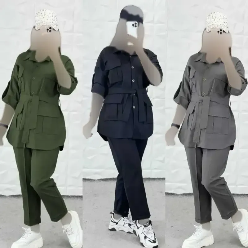 ست مانتو و شلوار زنانه هنگامه جنس مکانیک پرومکس رنگ مشکی طوسی فری سایز