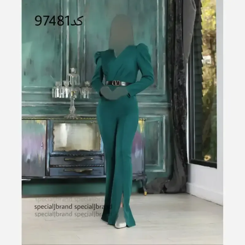 سرهمی مجلسی زنانه کرپ مازراتی سبز رنگ سایز 48 کمربند دار