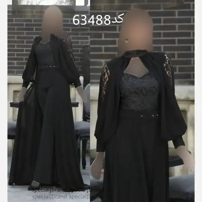 سرهمی سه تیکه مجلسی گیسو مشکی دانتل برجسته و غواصی و کرپ حریر سایز 44 و 46