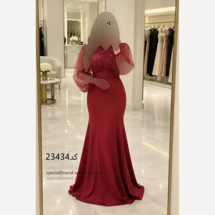 ماکسی مجلسی زنانه ستاره کرپ کش و تور مروارید دوزی شده کمربند دار