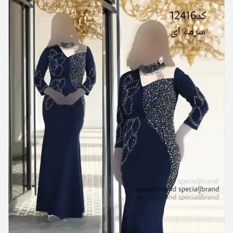ماکسی مجلسی زنانه جنس غواصی و فلوک شاین کره ای کمربند دار