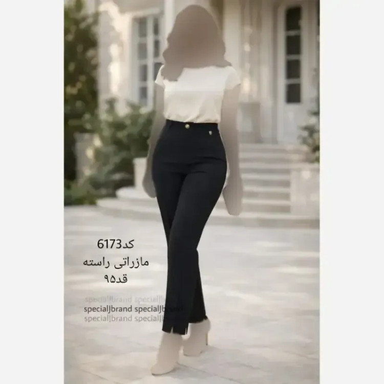 شلوار راسته مازراتی زنانه مشکی زیپ و دکمه قد 100 سایز 42 تا 54