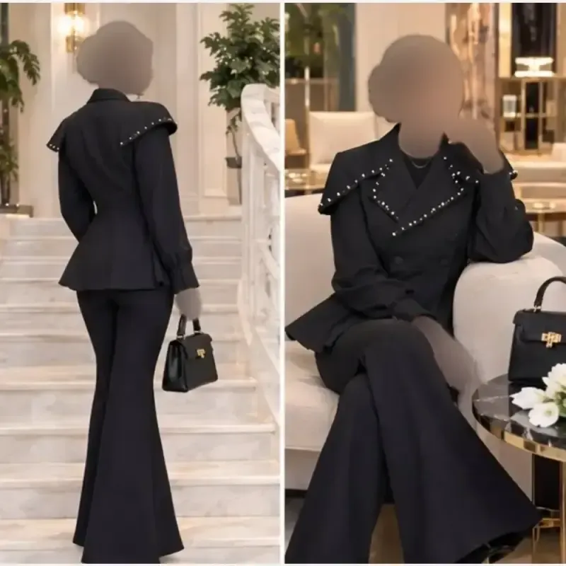 کت و شلوار جواهردوزی زنانه مدل سیما جنس مازراتی مشکی