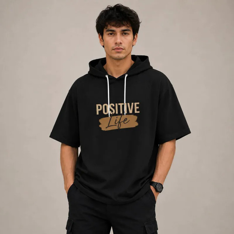 تی شرت مردانه کلاه دار پنبه ای طرح حروف مدل positive