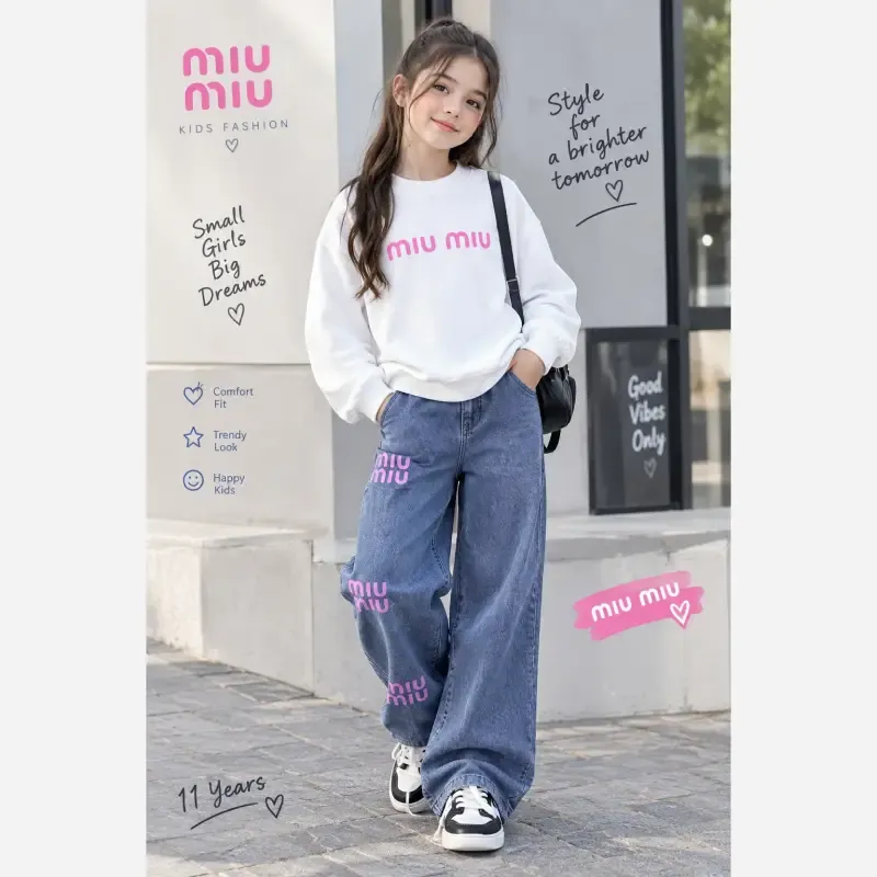 ست بلوز و شلوار لی دخترانه بچگانه طرح Miu Miu دورس لاکرا سایز 45 تا 70